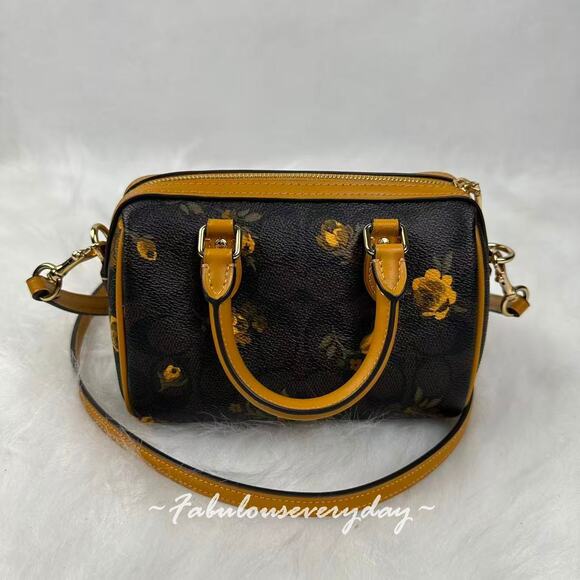 Coach Mini Rowan Crossbody Bag Sig Canvas With Floral Print CCF31 Walnut/Yellow - Picture 2 of 9